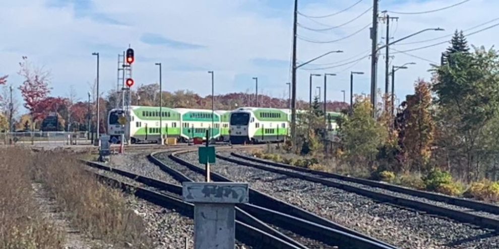 GO trains parked in railyard near Allandale Waterfront GO Station in Barrie