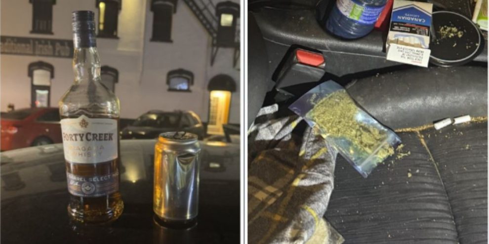 Open alcohol bottles and cans, and a partially opened marijuana package on the passenger seat of a car, seized by Barrie Police Service during a late-night traffic stop.