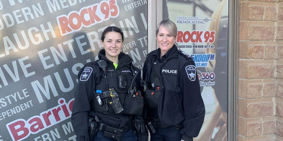 Barrie police Constable Taylor Collins and Staff Sgt. Angie Butler discuss traffic safety measures on February 17, 2026.