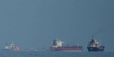 File photo of oil tankers and cargo ships lined up in the Strait of Hormuz near Khor Fakkan, United Arab Emirates, during a maritime traffic buildup.
