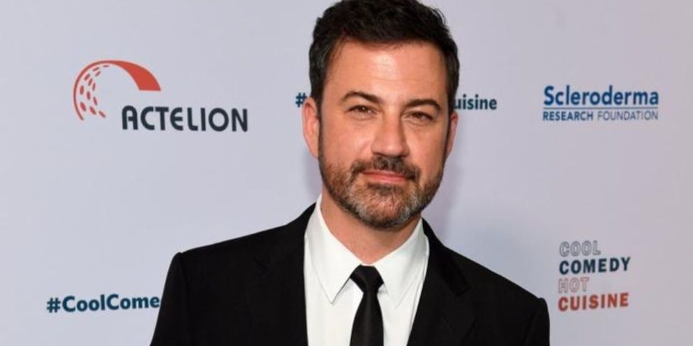 Jimmy Kimmel speaking at an event in a tuxedo during a televised appearance in Beverly Hills, California, in a file photo.