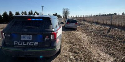 South Simcoe Police vehicle at traffic stop location in Bradford West Gwillimbury