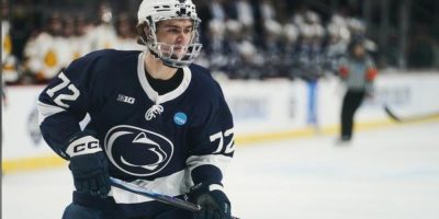 Penn State forward Gavin McKenna (72) skates during an NCAA regional game against Minnesota Duluth in Albany, N.Y., March 27, 2026.