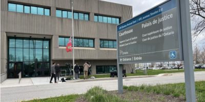 The Milton, Ontario courthouse is shown on May 5, 2026, where two Ontario women were found guilty in the death of a boy and confinement of his brother.