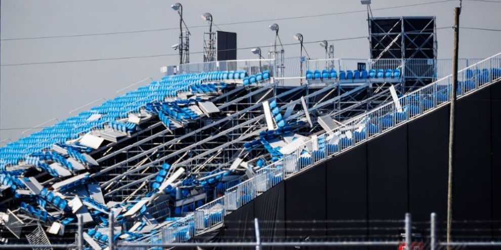 Collapsed seating at Rogers Stadium in Toronto after a major storm damaged the temporary venue.