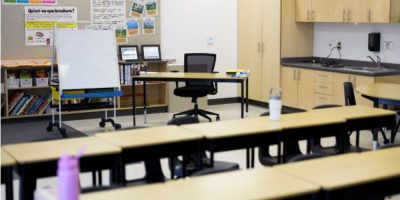 Teacher's desk in a classroom at Wazoson Public School in Ottawa