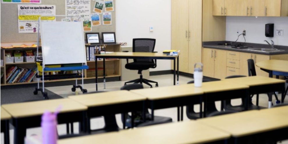 Teacher's desk in a classroom at Wazoson Public School in Ottawa