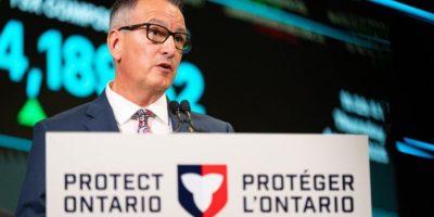 Ontario Indigenous Affairs Minister Greg Rickford speaks at a press conference in Toronto on April 17, 2025.