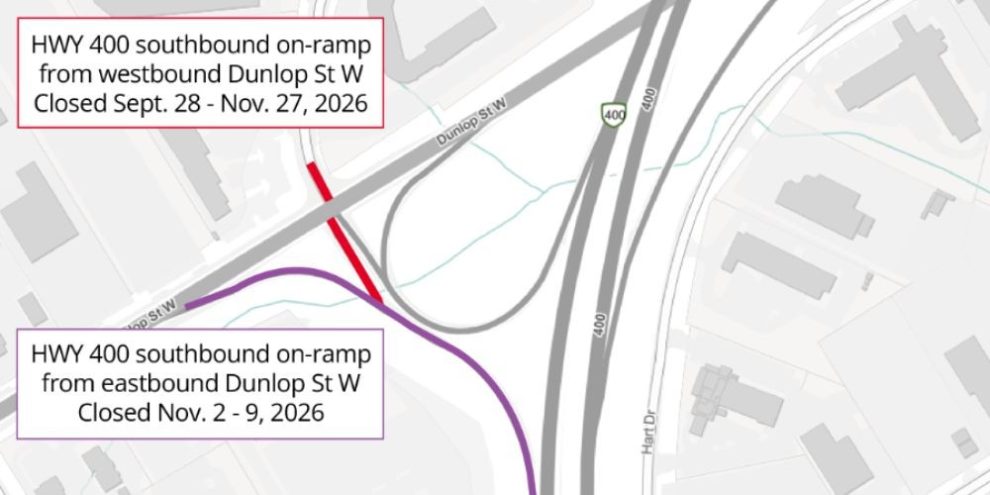 Map showing the planned Highway 400 southbound on-ramp closure at Dunlop Street West in Barrie.