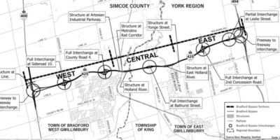 Map showing the planned Bradford Bypass connection with Highway 400 near 8th and 9th lines in Bradford West Gwillimbury