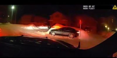 Screenshot of a South Simcoe Police cruiser approaching a suspect vehicle on Benson Street in Alcona.