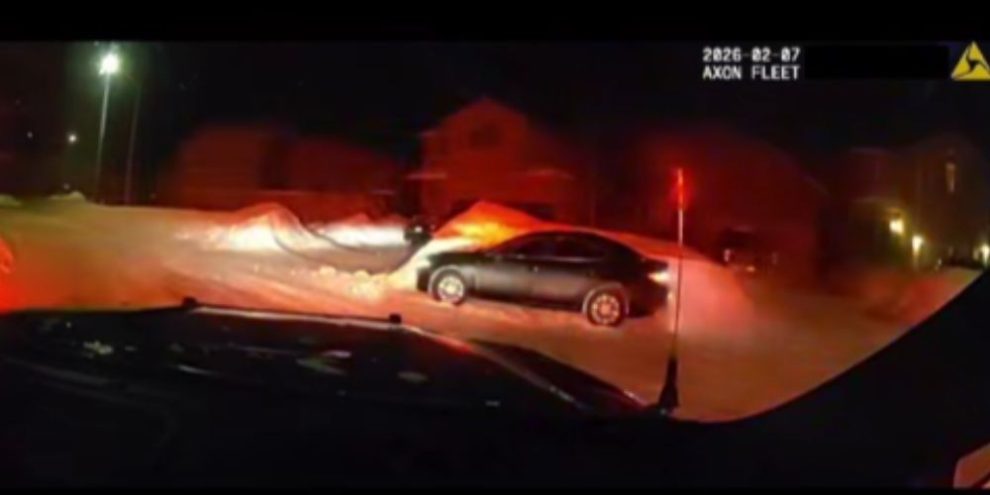 Screenshot of a South Simcoe Police cruiser approaching a suspect vehicle on Benson Street in Alcona.